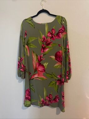 Tommy Bahama Olive Green Midi Dress with Pink Floral Print-0181